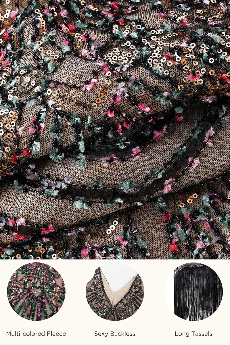 BABEYOND Flapper Dresses 1920s V Neck Beaded Fringed Great Gatsby Dress Black Apricot - Image 5